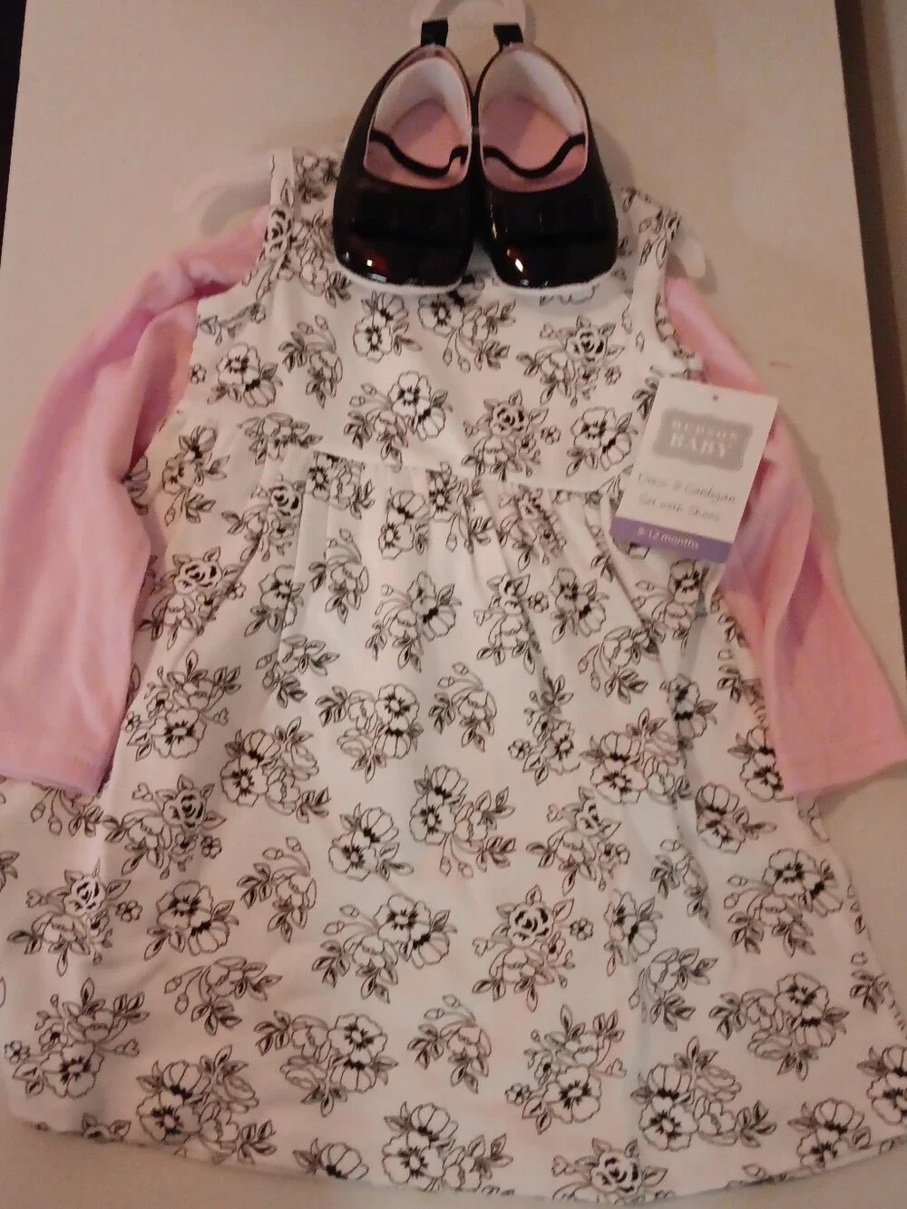 Baby Floral Dress Set with Pink Long Sleeve Top and Black Patent Shoes